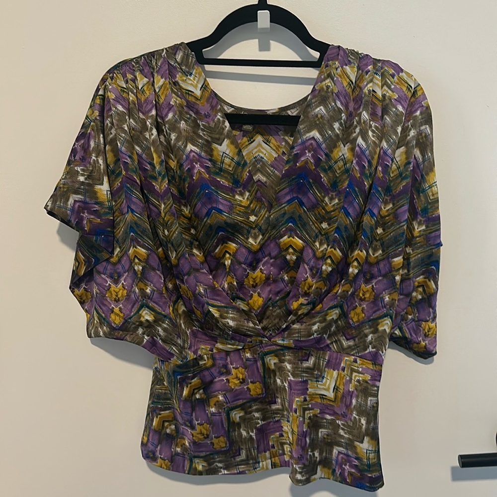 Fei for Anthropologie purple geo feather v-neck blouse, size small